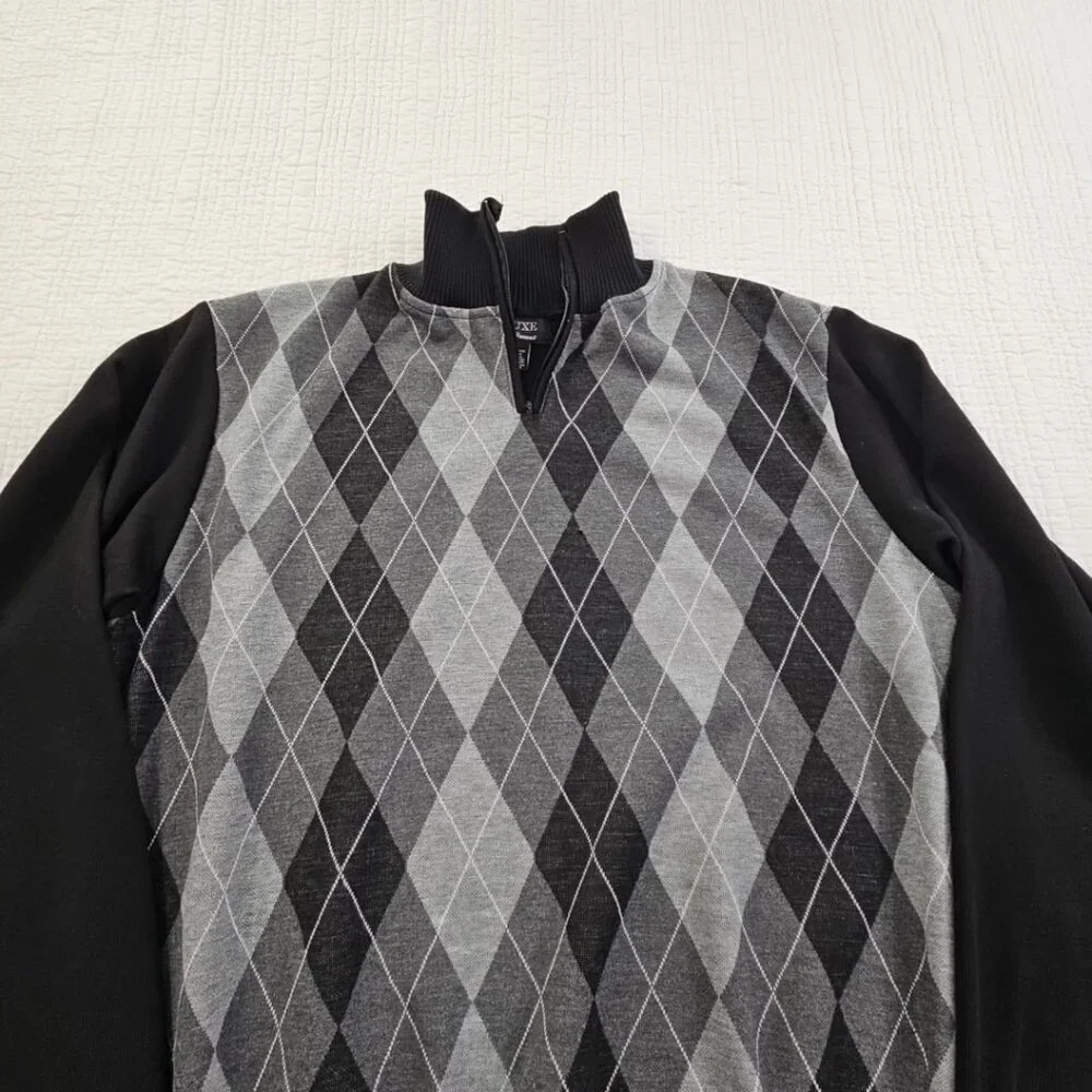 Deluxe Homme 1/4 Zip Pullover Sweater Men's XL Black & Gray‎ Harlequin Luxury